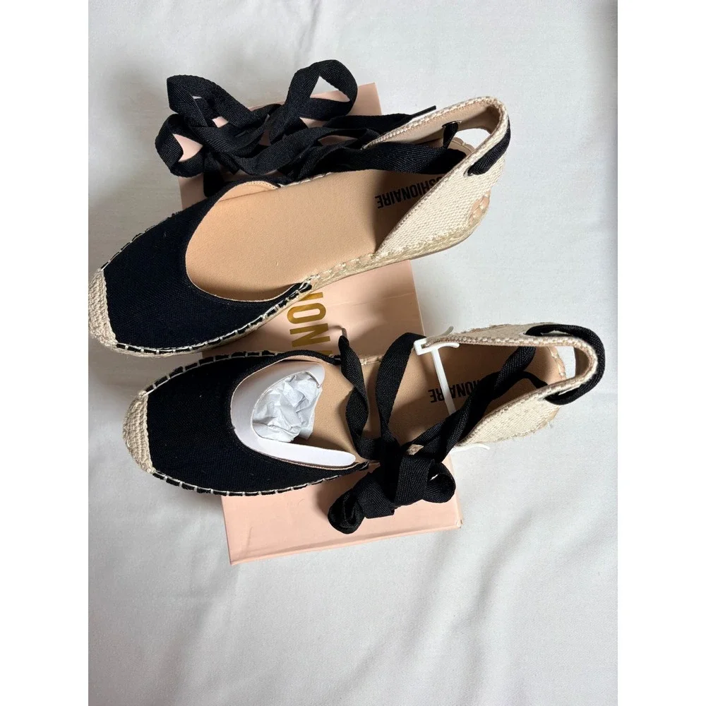 Cushionaire Talisa Espadrille Flats 8.5 Black New Lace Up Canvas Jute Ribbon